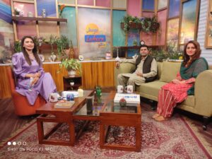 Mr. Iftikhar Mubarik and Ms. Rashida Qureshi (on the right) during the morning show on Lahore News.