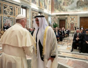 Pope Francis greets Sheikh Saif bin Zayed Al Nahyan, minister of the interior of the United Arab Emirates, Nov. 14, 2019, during an audience at the Vatican for participants in an international conference on protecting children and preventing their exploitation online. (CNS photo/Vatican Media) See POPE-CHILD-DIGNITY Nov. 14, 2019.